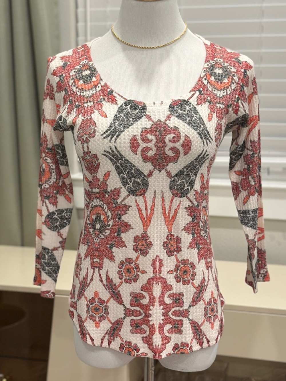 Nally & Millie Cream Scoop Neck Top with Red Design